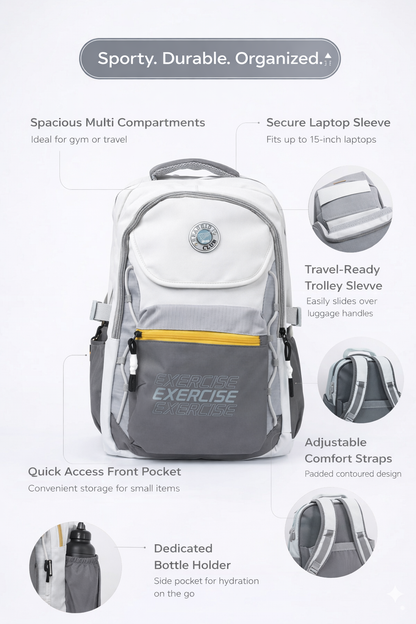 Sporty Laptop Backpack – Grey & White Travel Bag